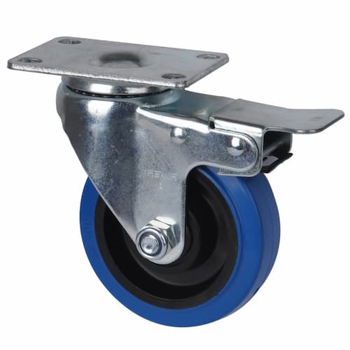 Swivel Plate Brake Castor | 100mm Blue Rubber Wheel - 110KG Rated