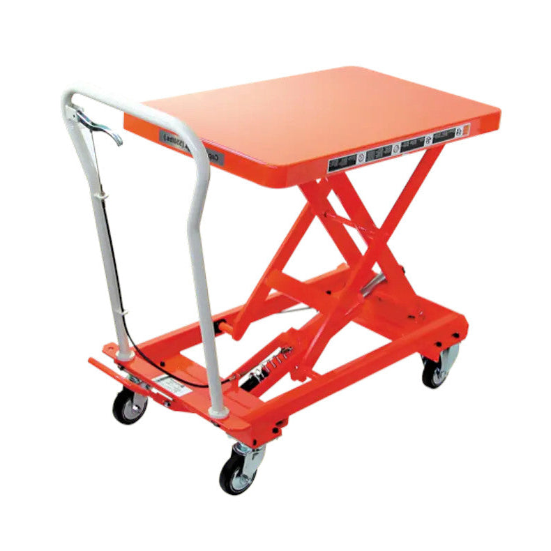 An orange scissor lift platform cart with a white handle and black caster wheels, shown