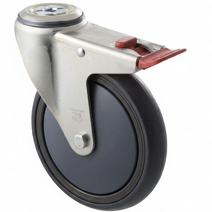 Caster wheel with a black tire and silver and red hardware on a white background