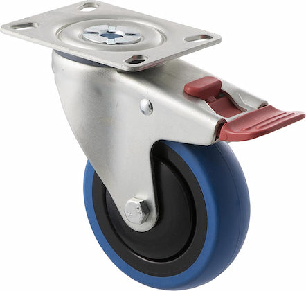 Blue Rubber 100mm Wheel Castor - Swivel Plate Total Brake
